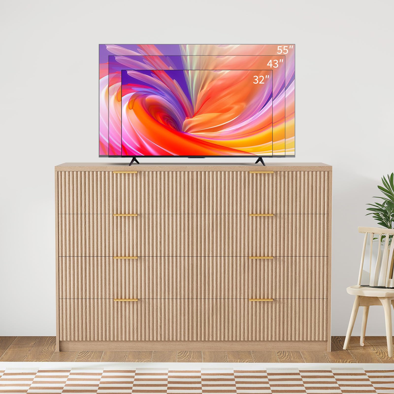 Garvee fluted wood dresser used as TV stand in living room