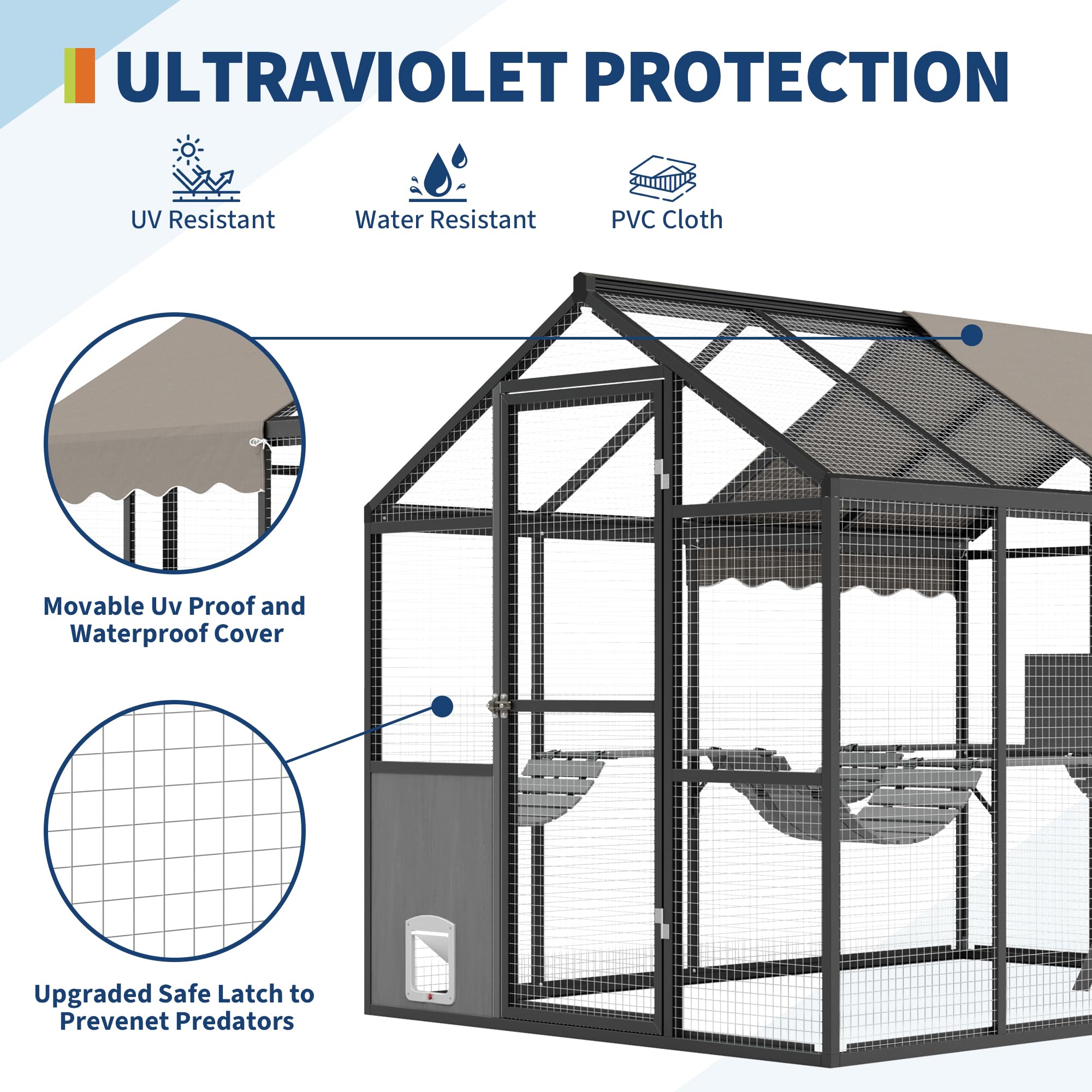 Black and grey cat enclosure with UV resistant water resistant PVC cloth cover and mesh panel details