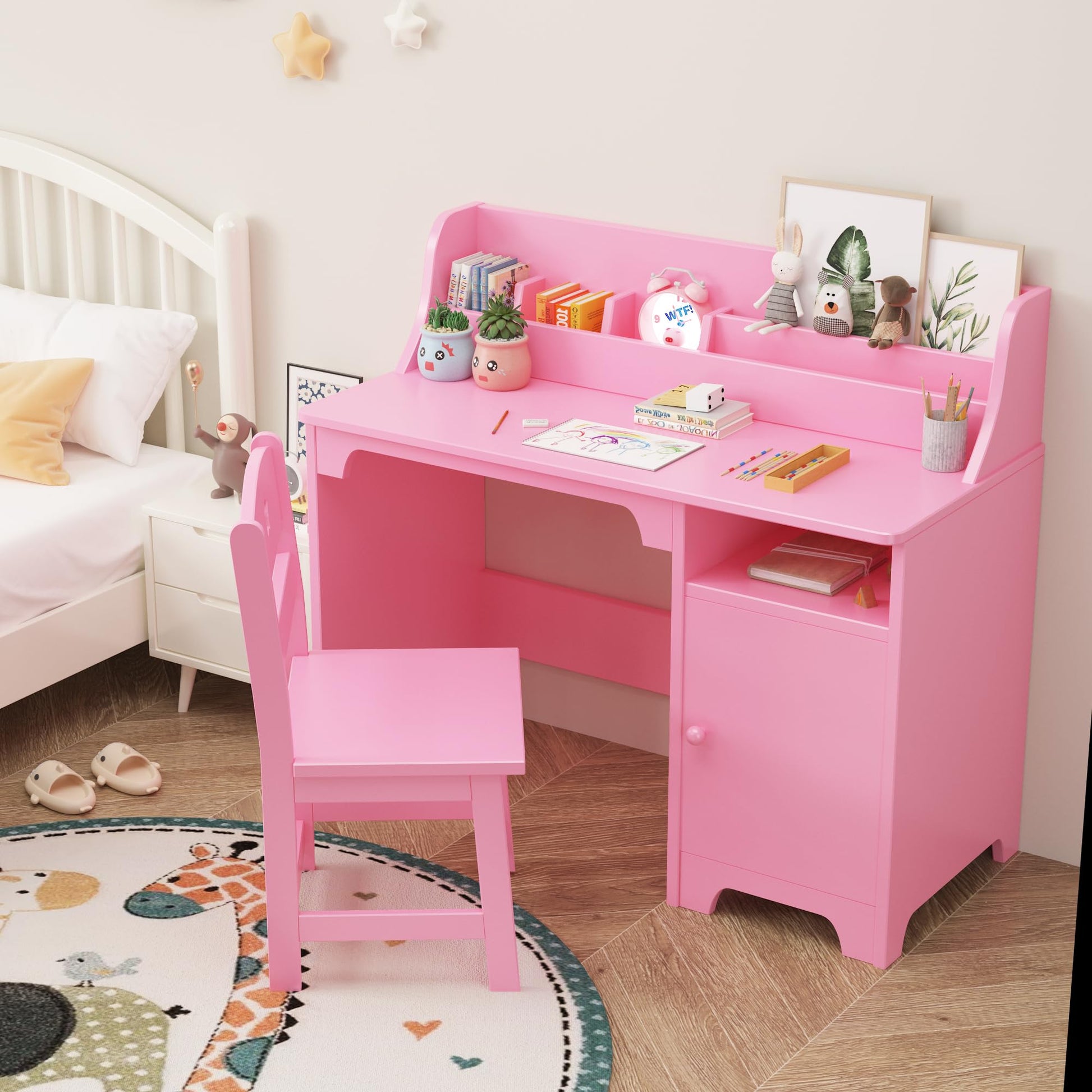 Pink kids study desk with chair in bedroom