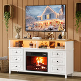 Garvee Fireplace TV Stand for TVs Up to 65" with Storage Cabinet, LED Lights, Farmhouse Console, 60", White - White + Brown Top Panel