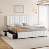 Garvee White Queen PU Leather Upholstered Bed Frame with 4 Storage Drawers, Adjustable Headboard, Sturdy Wooden Slats, No Box Spring Required, Easy Assembly - White Pu Leather (A300-3#)
