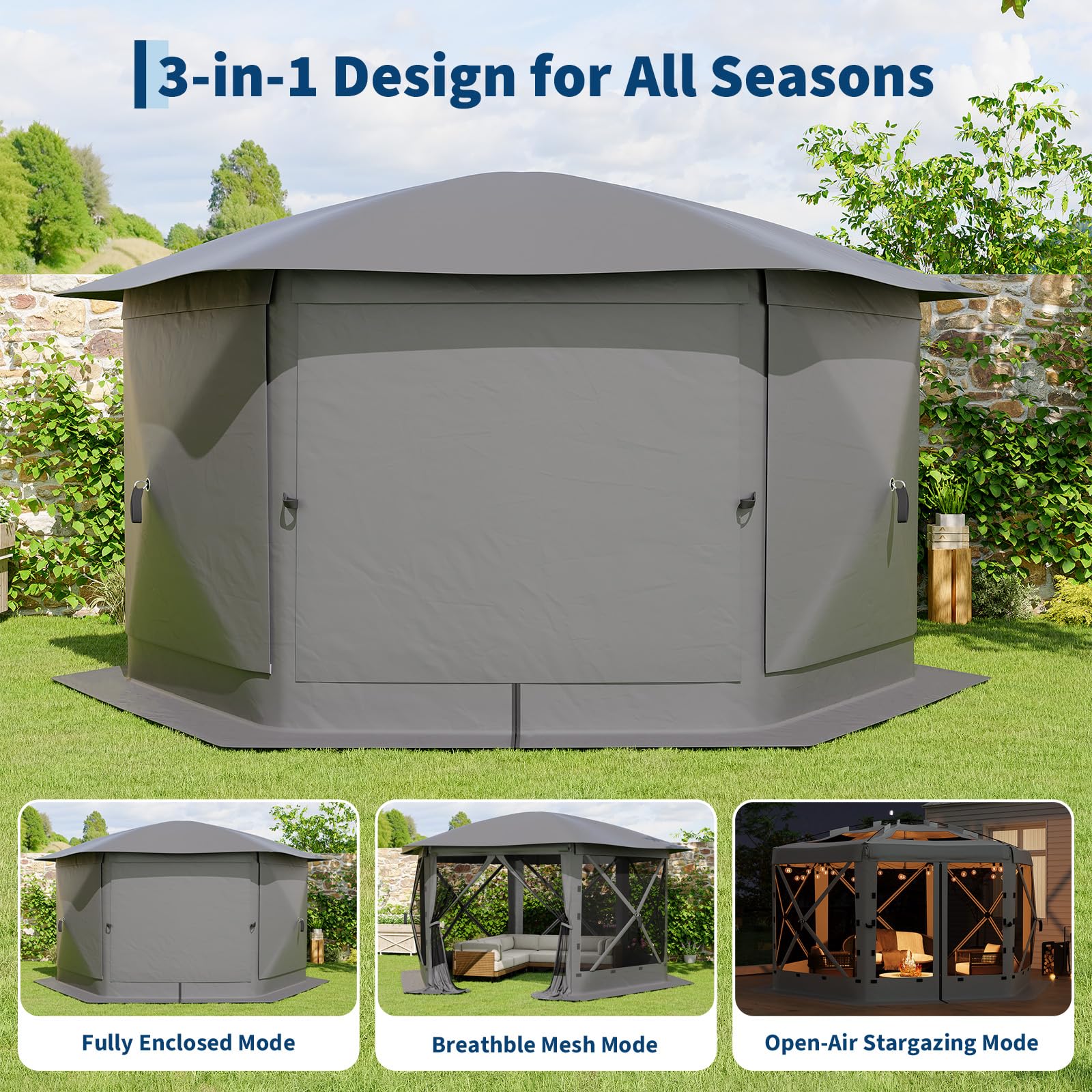 Grey pop up gazebo showing enclosed, mesh, and open-air roof configurations