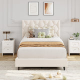 Garvee Twin Size Platform Bed Frame Upholstered Headboard Wooden Slats Support Beige Minimalist Design Easy Assembly - Ivory White