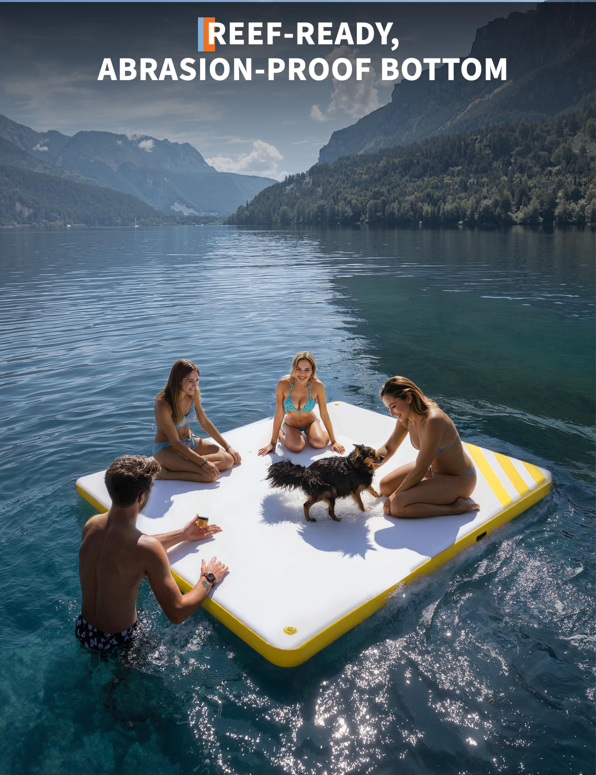 Abrasion-resistant bottom inflatable dock for lakes and beaches