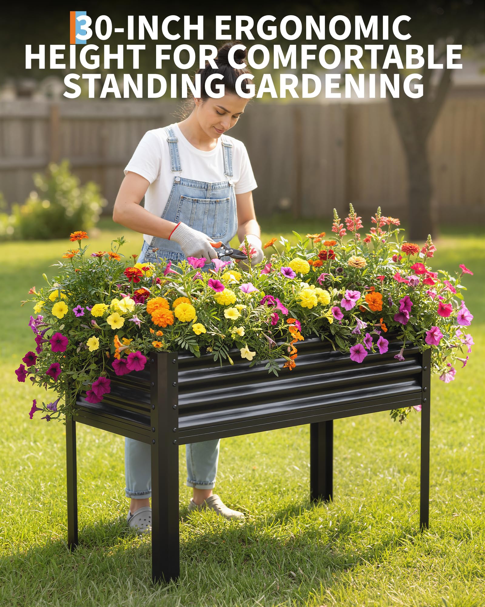 Black raised garden bed comfort-height gardening
