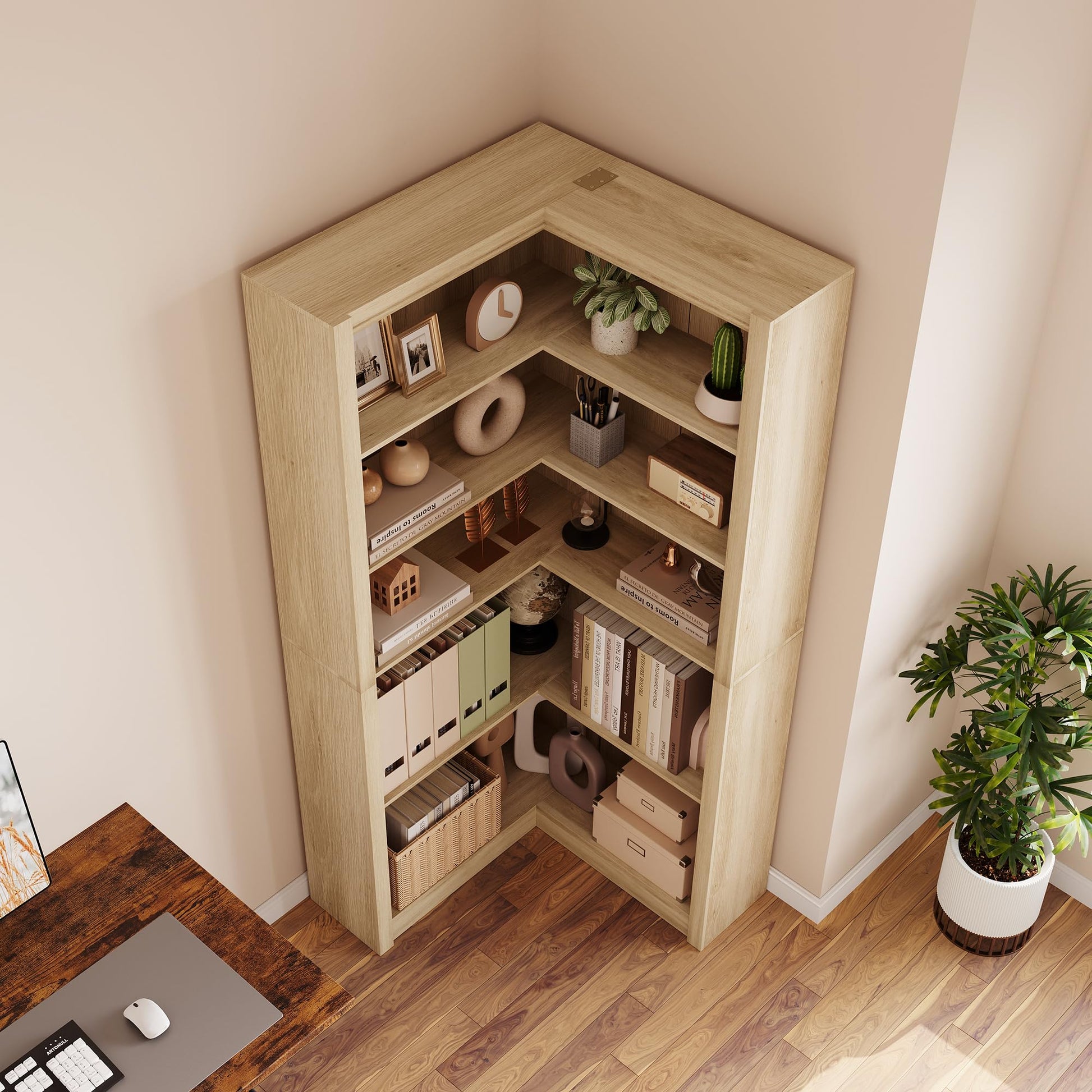 Top view of 90 degree L-shaped corner bookshelf