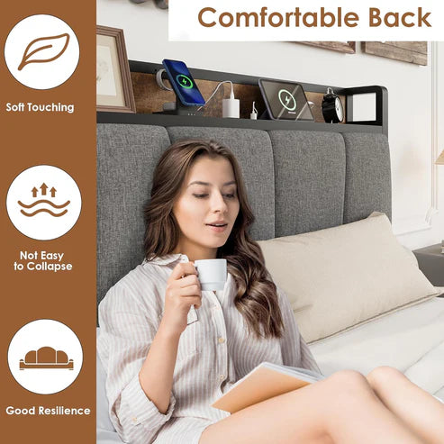 Garvee Twin Size Bed Frame with 2 Storage Drawers and Charging Station, Rustic Linen Upholstered Platform Bedframe with Storage Headboard, Heavy Duty, Easy to Assemble for Kids, Grey