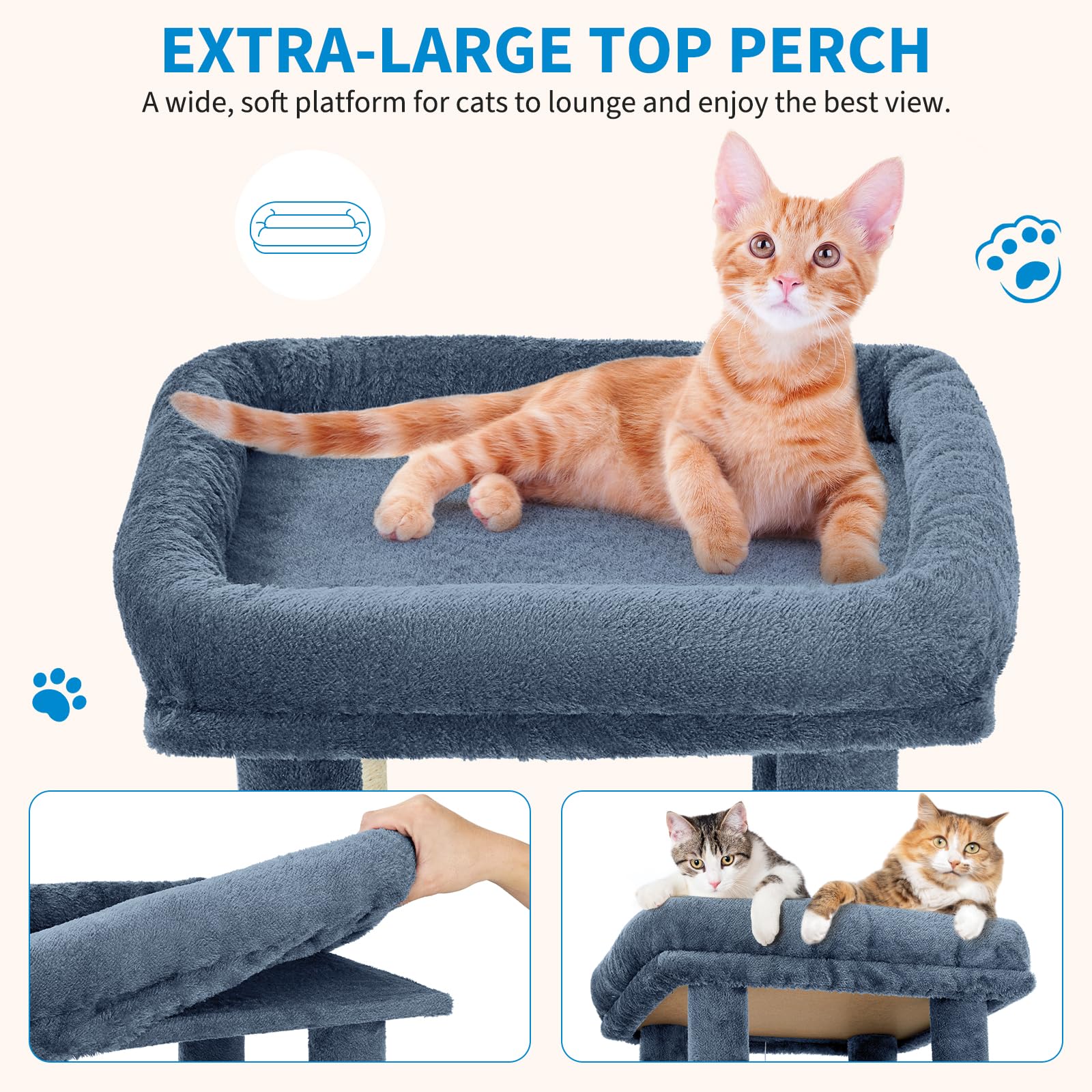 light blue cat tree showing 17.7 inch by 15.7 inch cushioned top perch for large cats