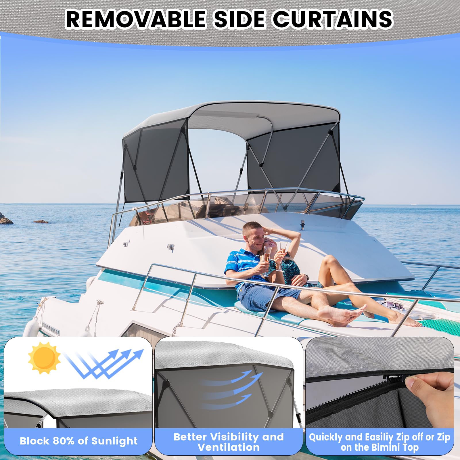 boat bimini top with removable mesh side curtains for shade and ventilation