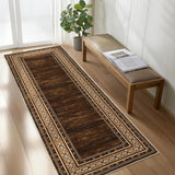 Garvee Bordered Red-Brown 2x6 Vintage Washable Kitchen Runner Rug, Solid Border Design, Non-Slip Low Pile Neutral Carpet for Hallway, Laundry, Bathroom, and Bedroom - Brown