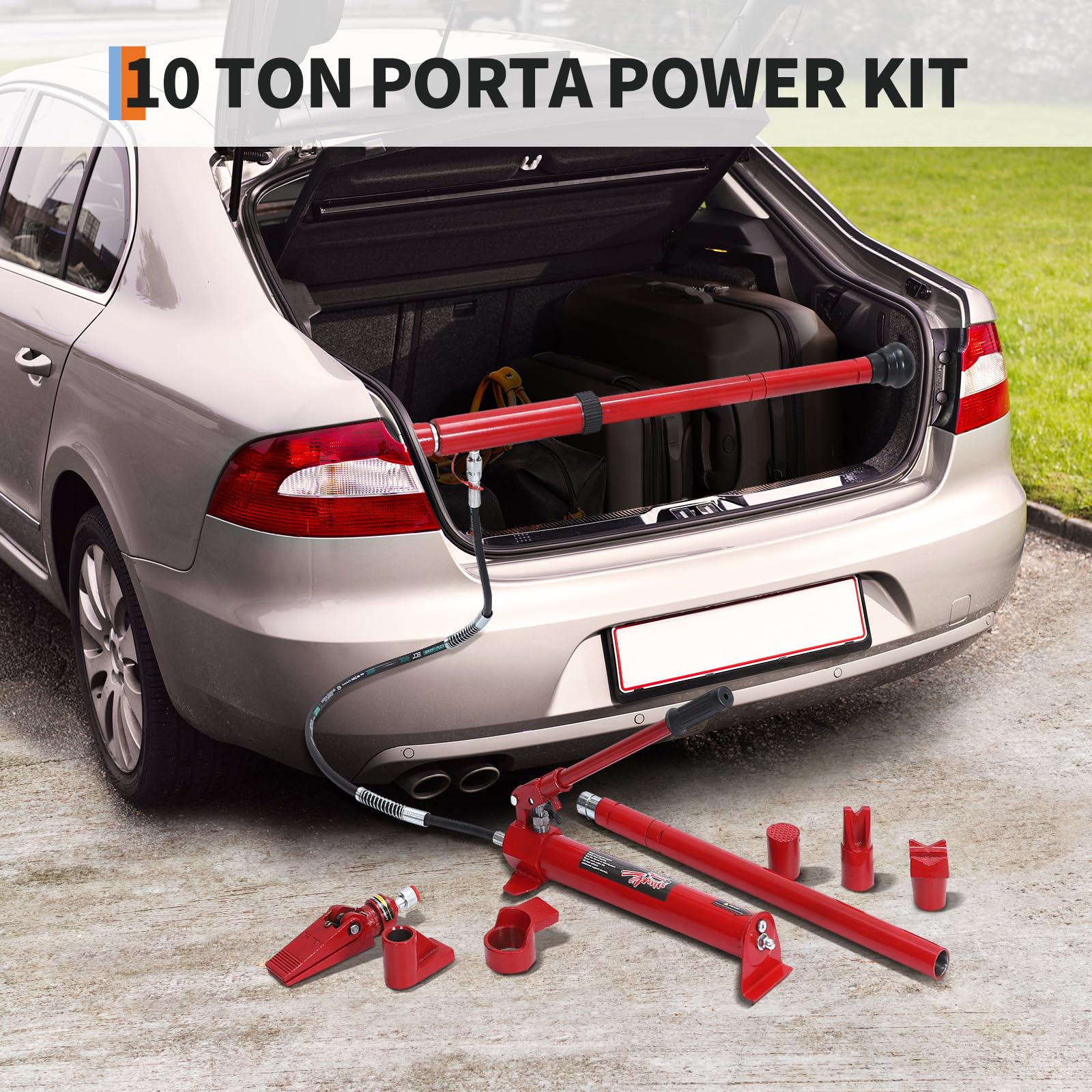 Red hydraulic porta power tools positioned for automotive body and frame repair