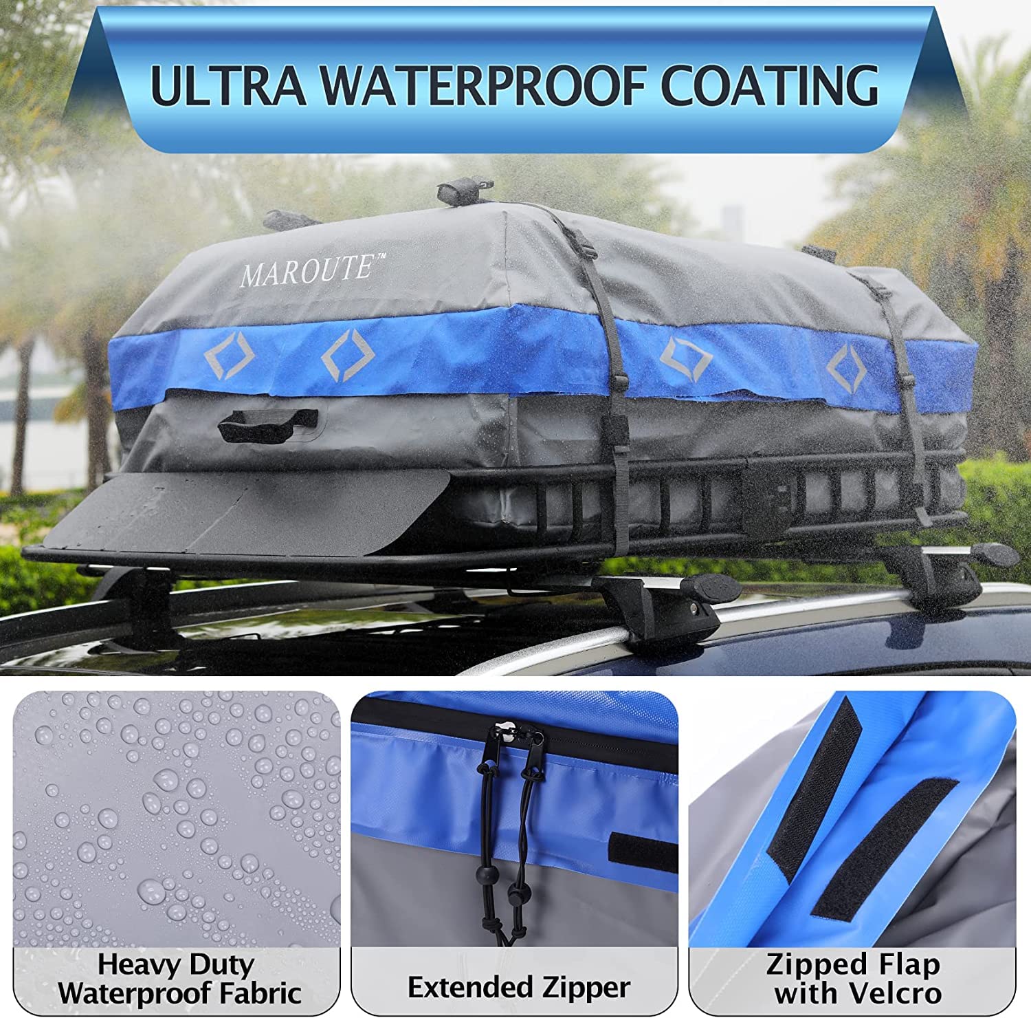 Waterproof layers and reinforced closure details on a blue and gray rooftop cargo bag