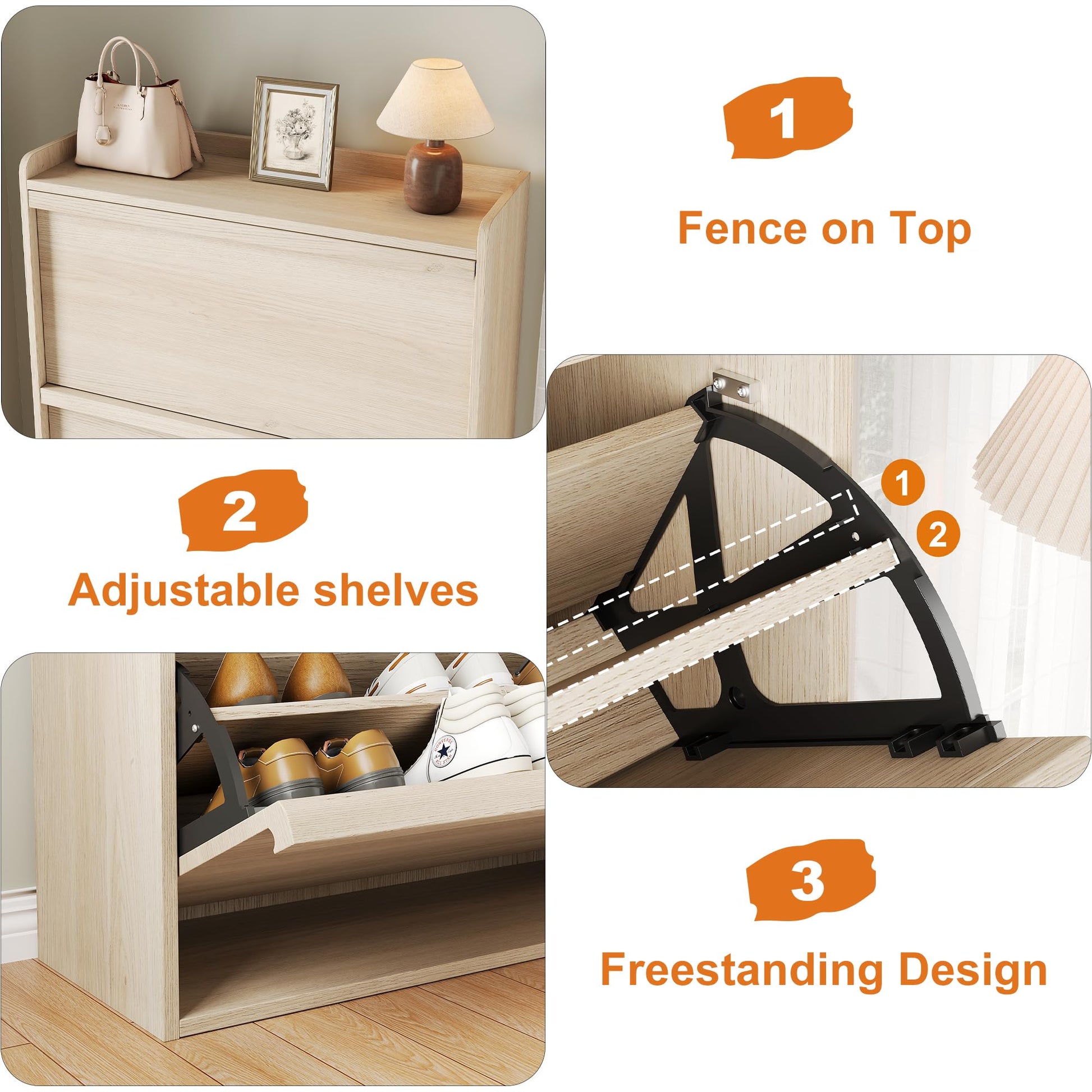 Waterproof top fence, adjustable shelves, and freestanding design details