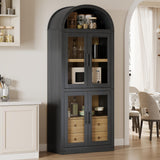 Garvee Arched Pantry Cabinet with Doors 71.4in Tall Wood Bookcase with 2 Drawers Farmhouse Kitchen Cupboard Modern Display Storage Cabinet for Kitchen, Dining Room, Bathroom - Black