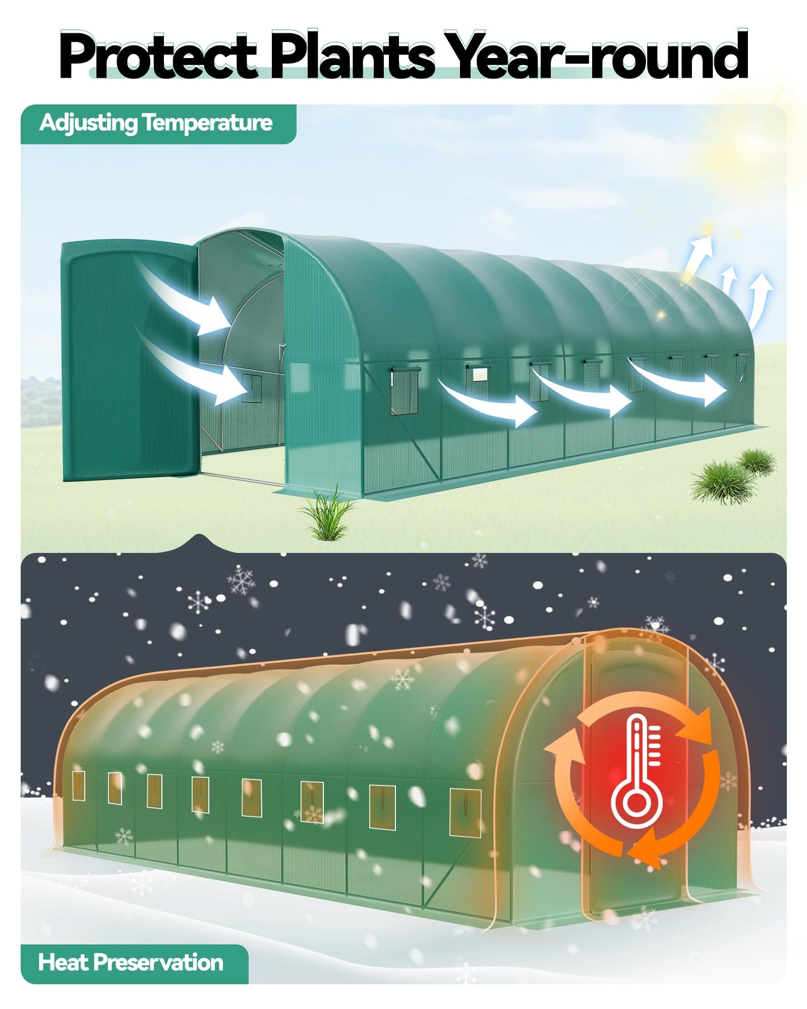 Green walk-in greenhouse showing adjustable ventilation and winter heat retention