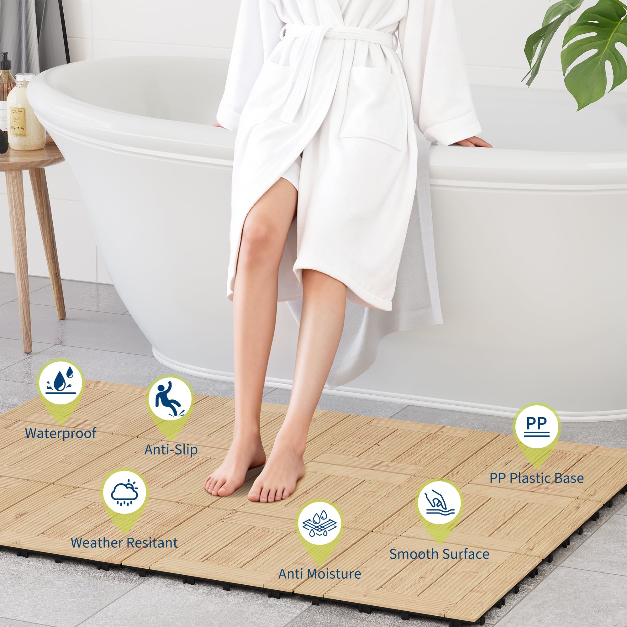 Natural Wood acacia wood deck tiles used in a moisture prone area