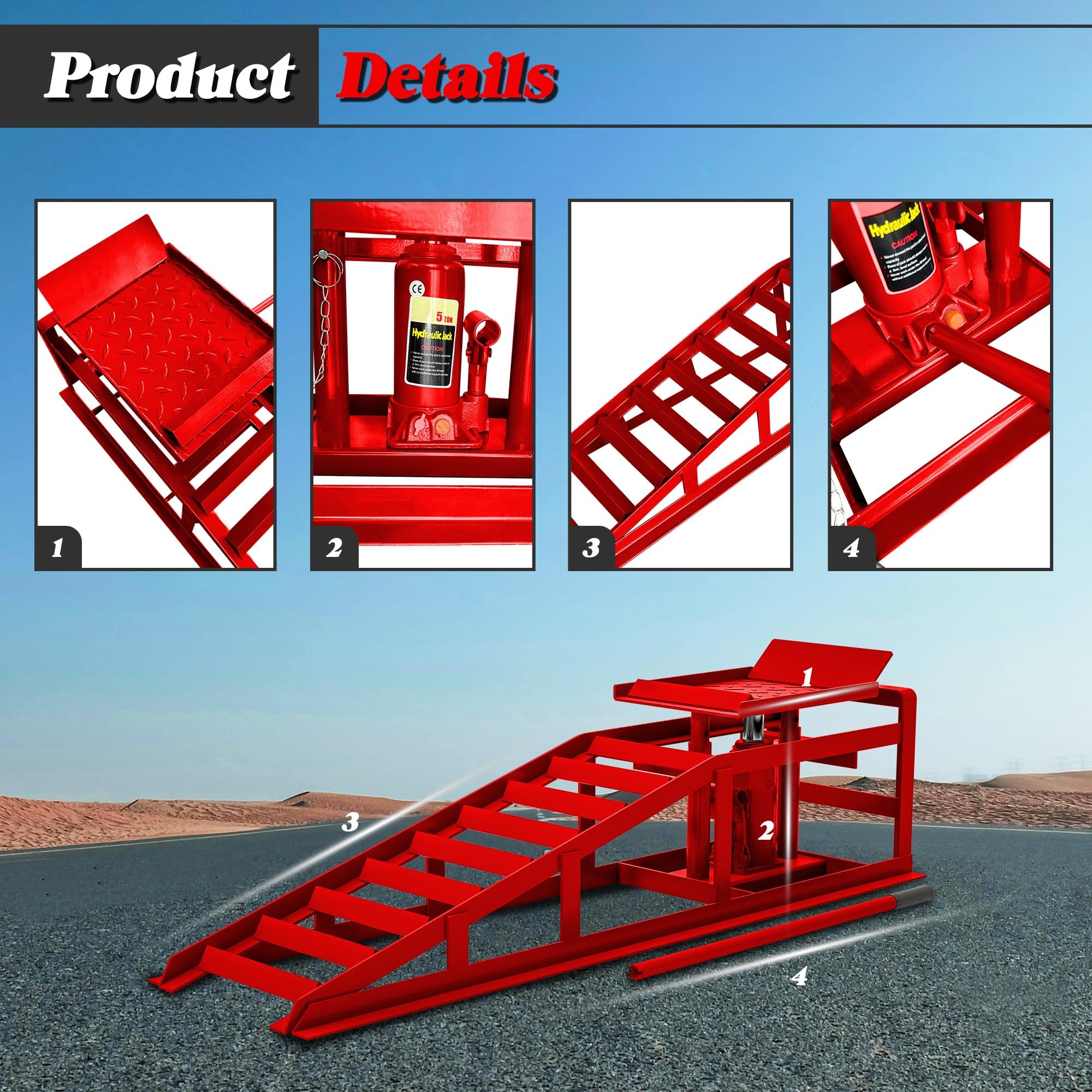 Red hydraulic car ramp details including tire plate jack ramp and handle