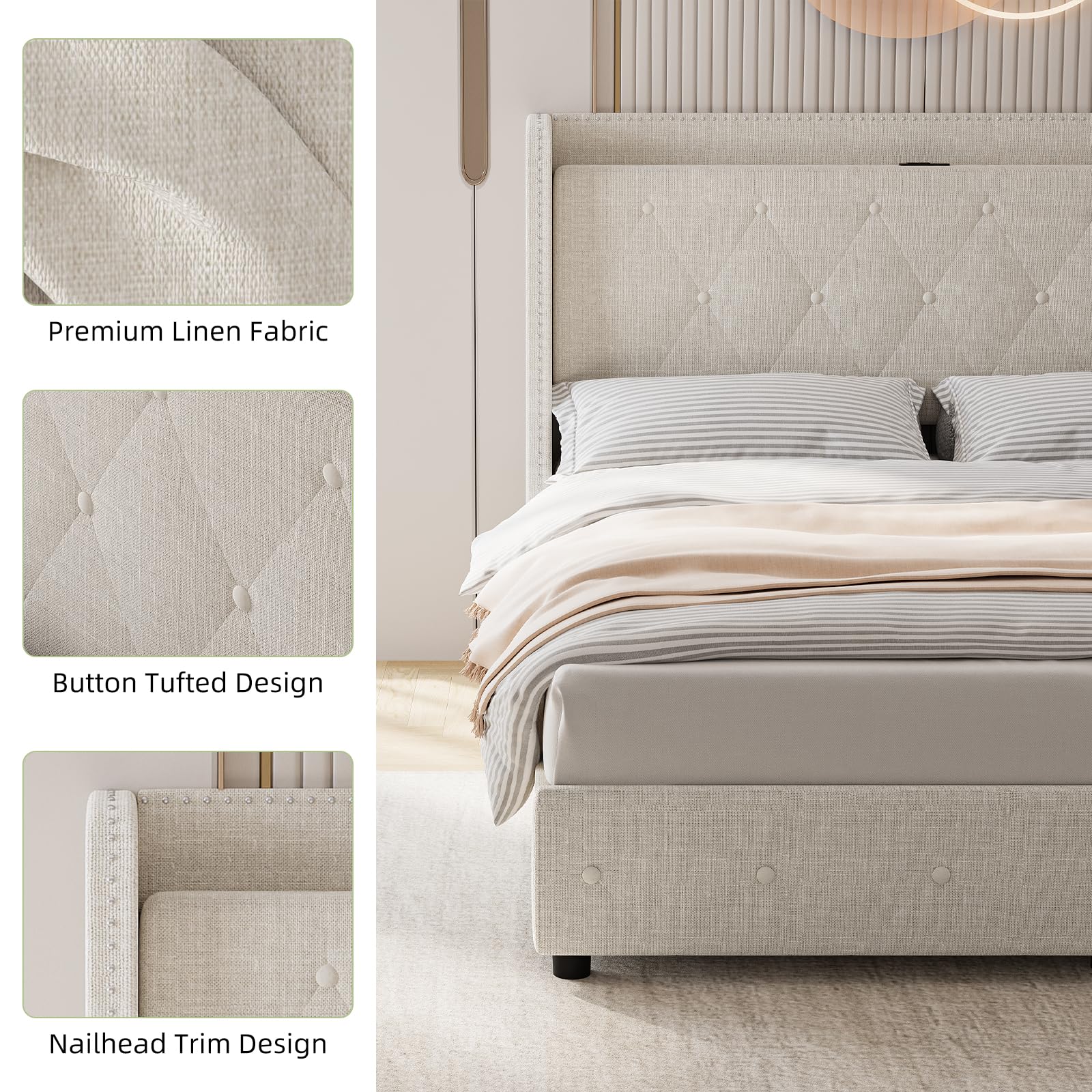 Linen upholstered tufted headboard with nailhead trim