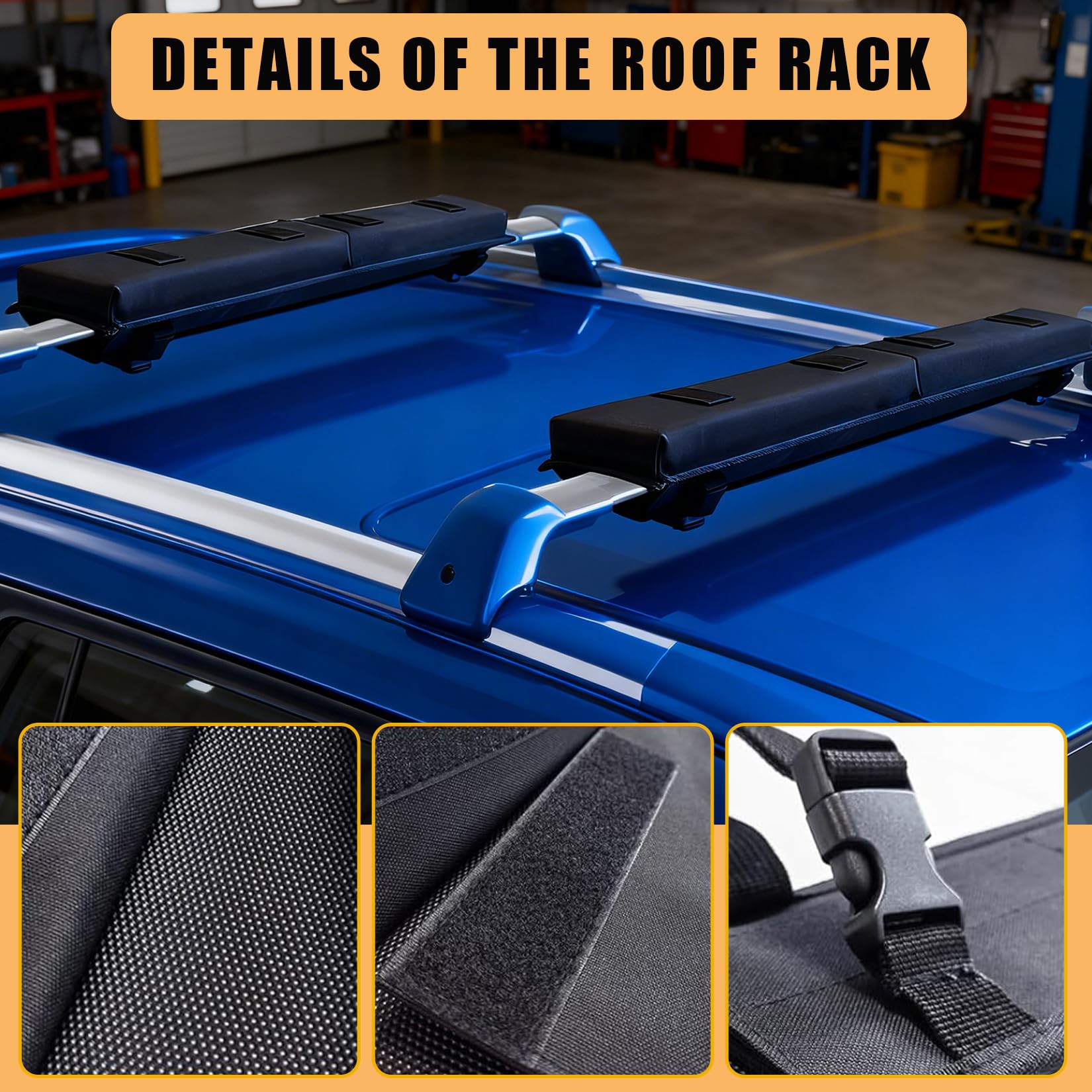 Close view of soft roof rack pad fabric, hook and loop fastening, and adjustable buckle
