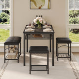 Garvee Dining Table Set for 4 with Upholstered Benches and 2 Stools, Modern Space Saving Kitchen Breakfast Table, Small Kitchens, Apartments, Studios, Compact Living Spaces, Wood Look, Metal Frame, Black - Black