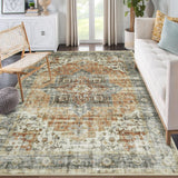 Garvee Washable Area Rug 8x10 Brown Vintage Floral Non-Slip Low Pile Soft Large Rugs for Living Room Bedroom Nursery - Orange Brown