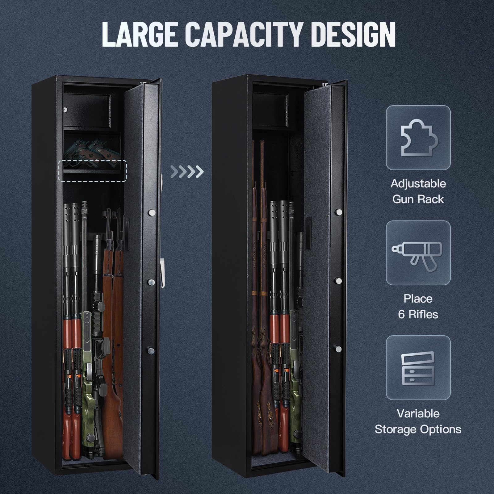 Large capacity gun safe with adjustable rifle rack