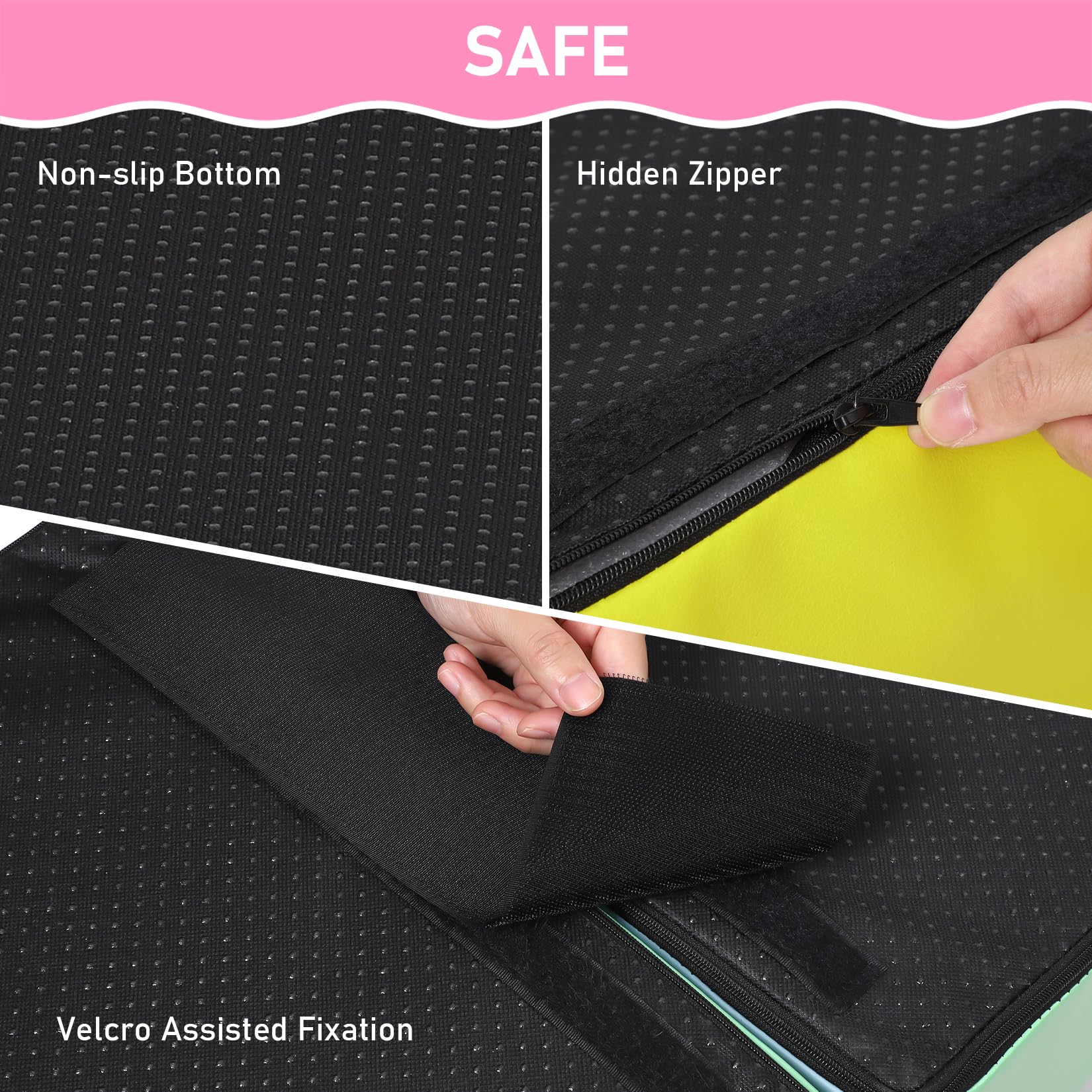 Non-slip bottom hidden zipper velcro fixation safety details