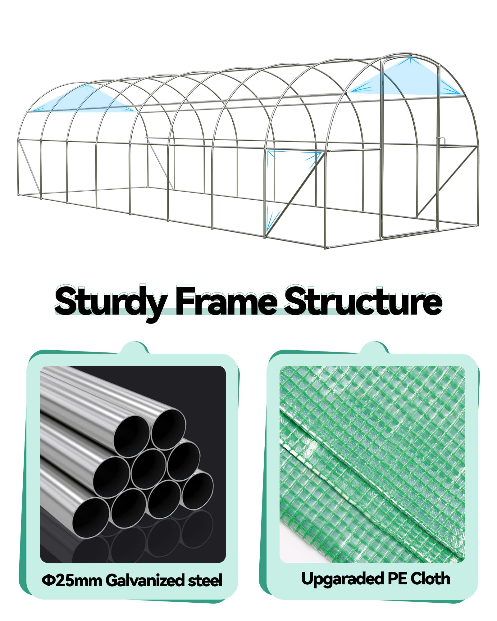 Galvanized steel greenhouse frame with reinforced PE cover material details