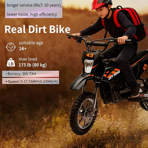 Garvee Ride - T Series: 36V Kids Electric Dirt Bike, 350W/15.5MPH Brushless Motor, LED, Comfortable Leather Seat, 175lbs Max Load Capacity- Black