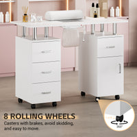 Table de manucure Garvee blanche avec collecteur de particules électriques – 4 tiroirs, placard latéral, roues verrouillables et repose-poignet, bureau à ongles portable pour salon ou mobilier de rangement à domicile, blanc, standard américain
