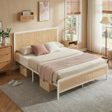 Garvee Full Size Rattan Bed Frame With Headboard, Modern Cane Boho Style, Heavy Duty Steel Support, White
