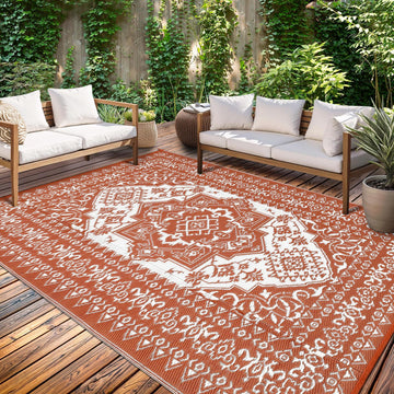 Tapis d'extérieur Garvee pour terrasse 8x10 Étanche Réversible Tapis en paille plastique Vintage Médaillon Style Bohème pour intérieur extérieur, terrasse, balcon, piscine, plage, pique-nique, camping-car