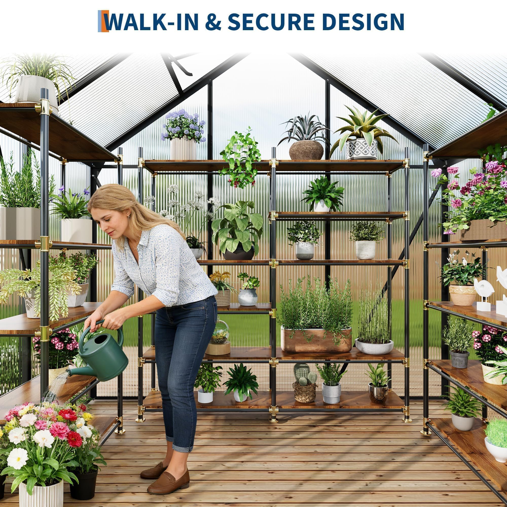Walk-in greenhouse interior with plants inside a black polycarbonate frame
