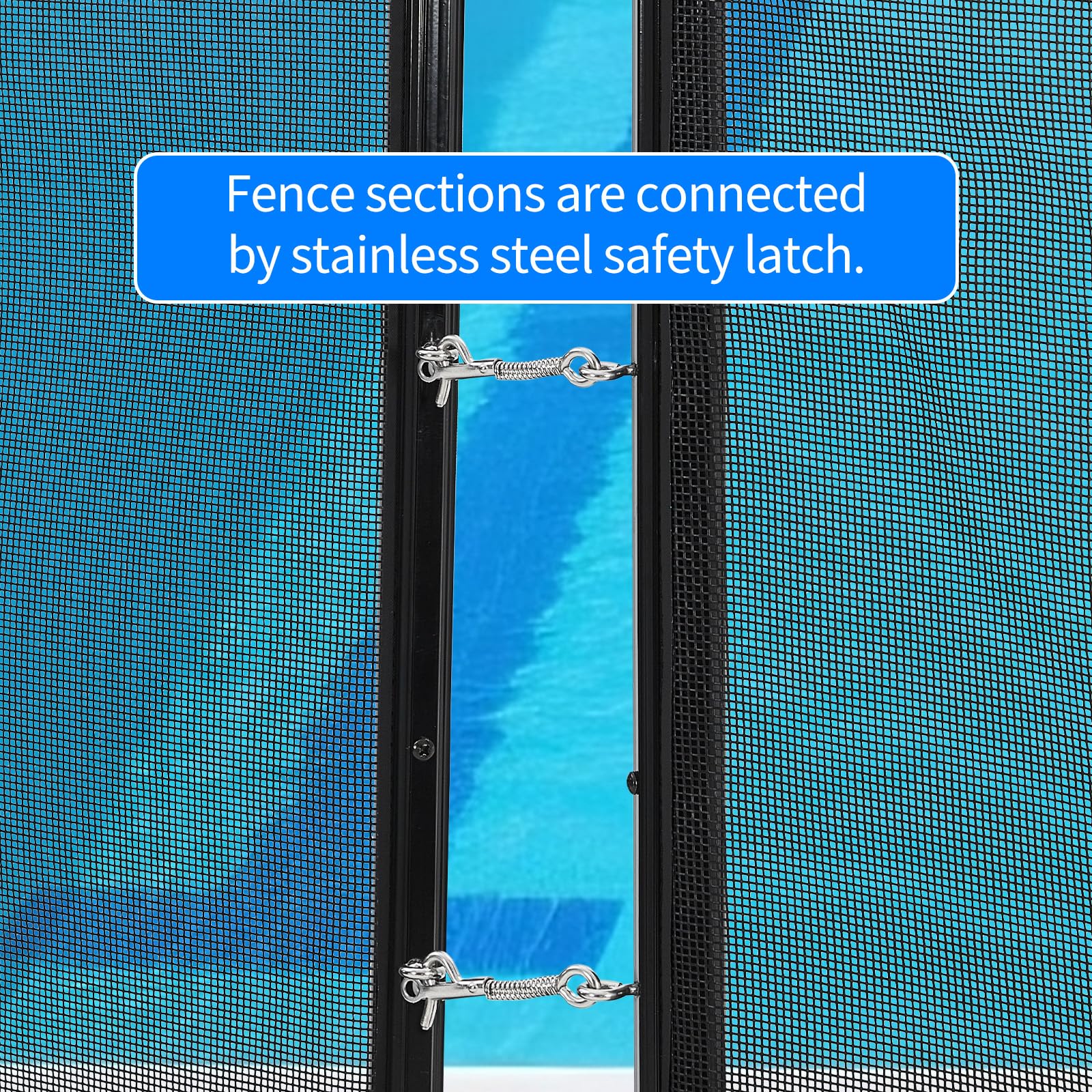 Stainless steel hook and eye latches connecting two sections of black pool safety fence