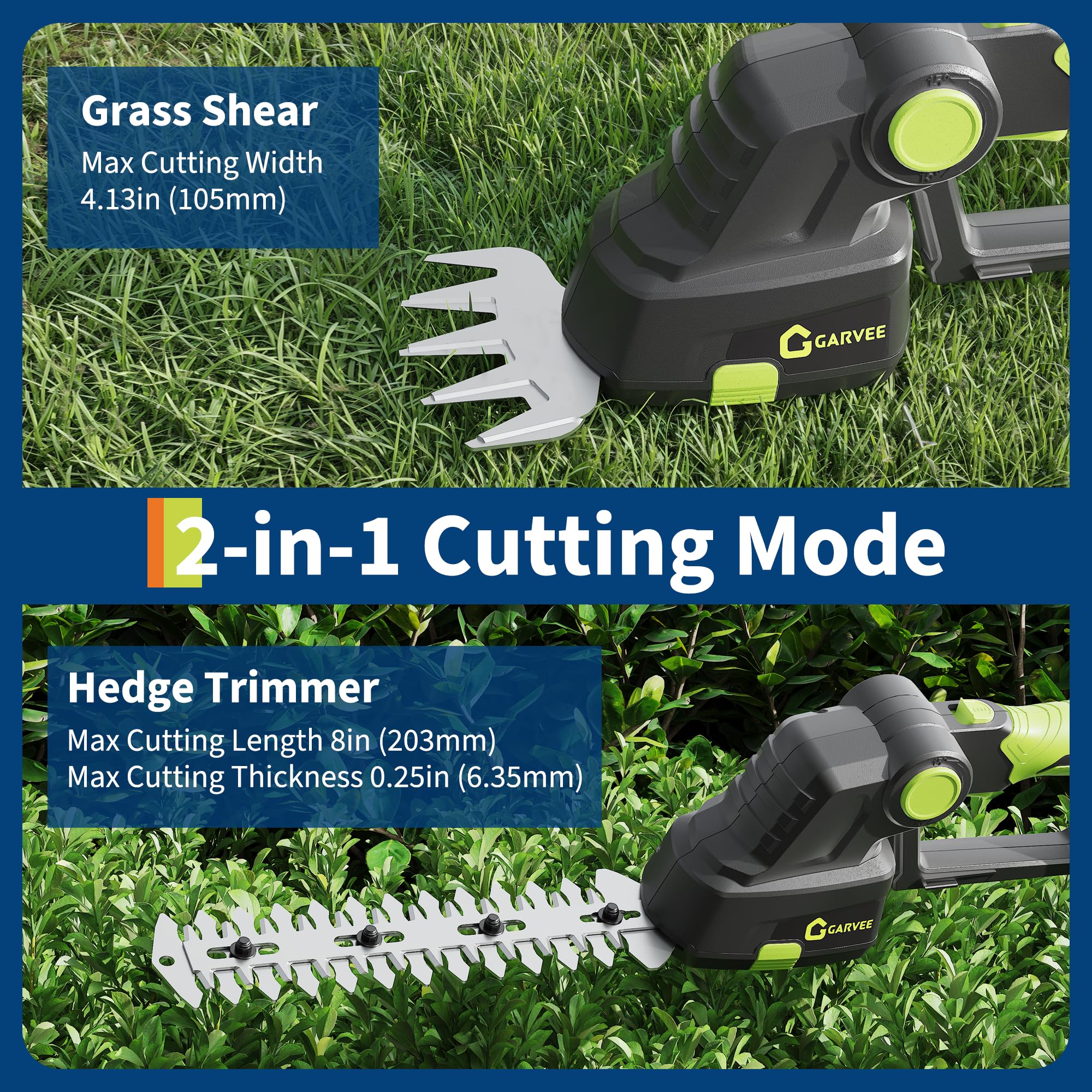 Black and green cordless trimmer with grass shear and hedge trimming blades
