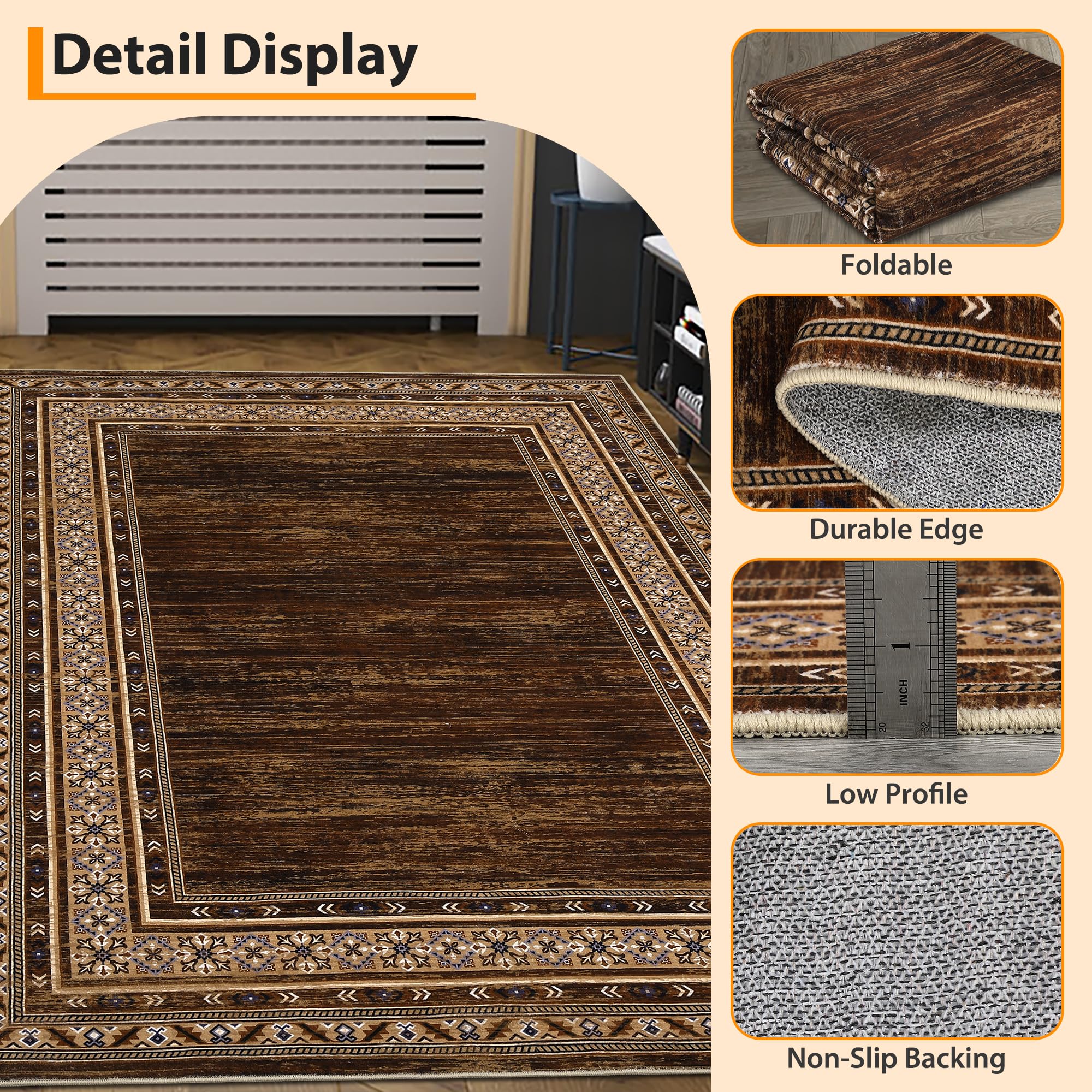 Garvee red brown bordered rug with low pile edge and non slip backing details