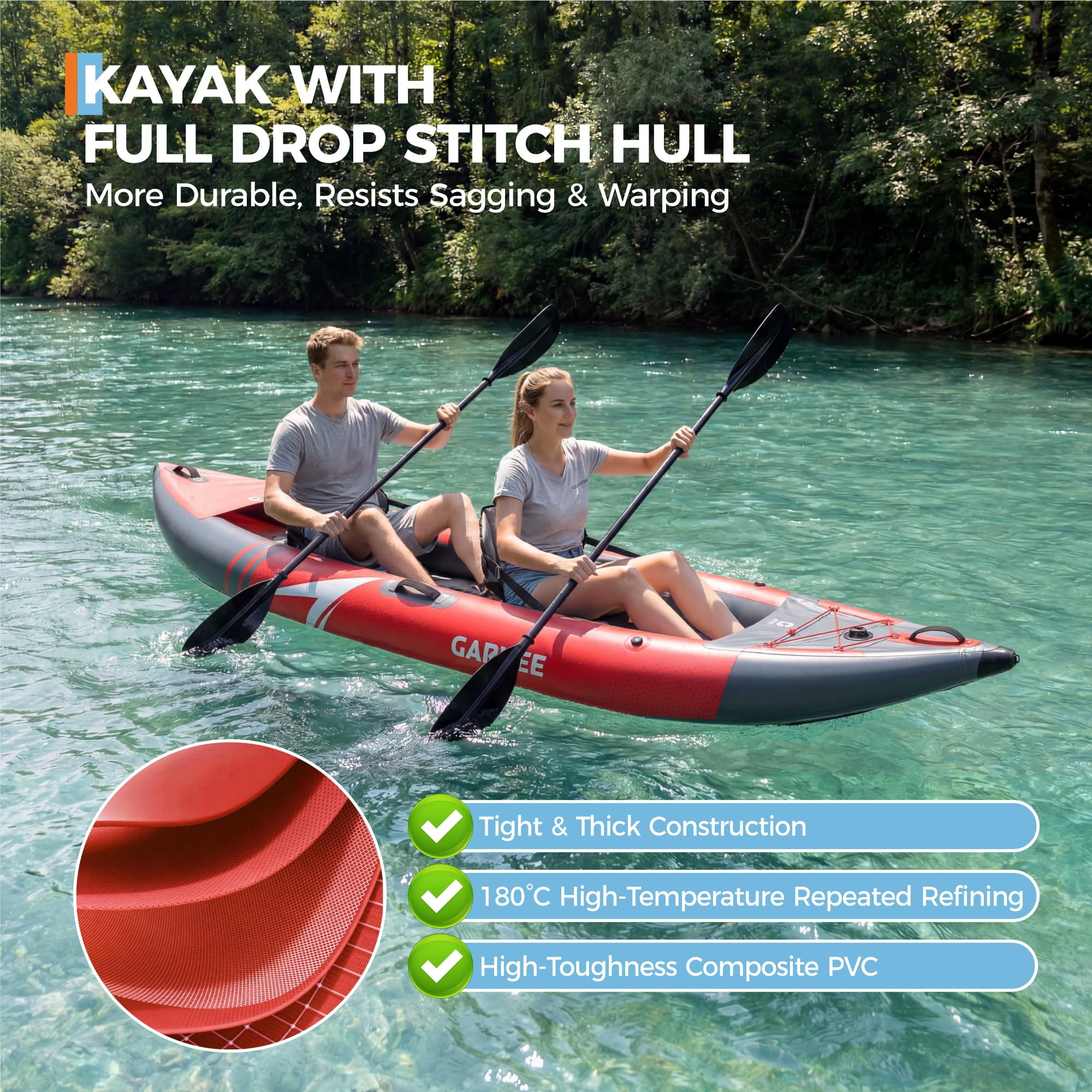 red and gray two-person inflatable kayak on a river with full drop-stitch hull construction callouts