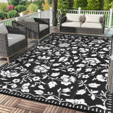 Garvee Floral Outdoor Rug 9x12 Waterproof Vintage Plastic Straw Rug for Patio Backyard Camper Black Foldable Reversible - Floral|Black