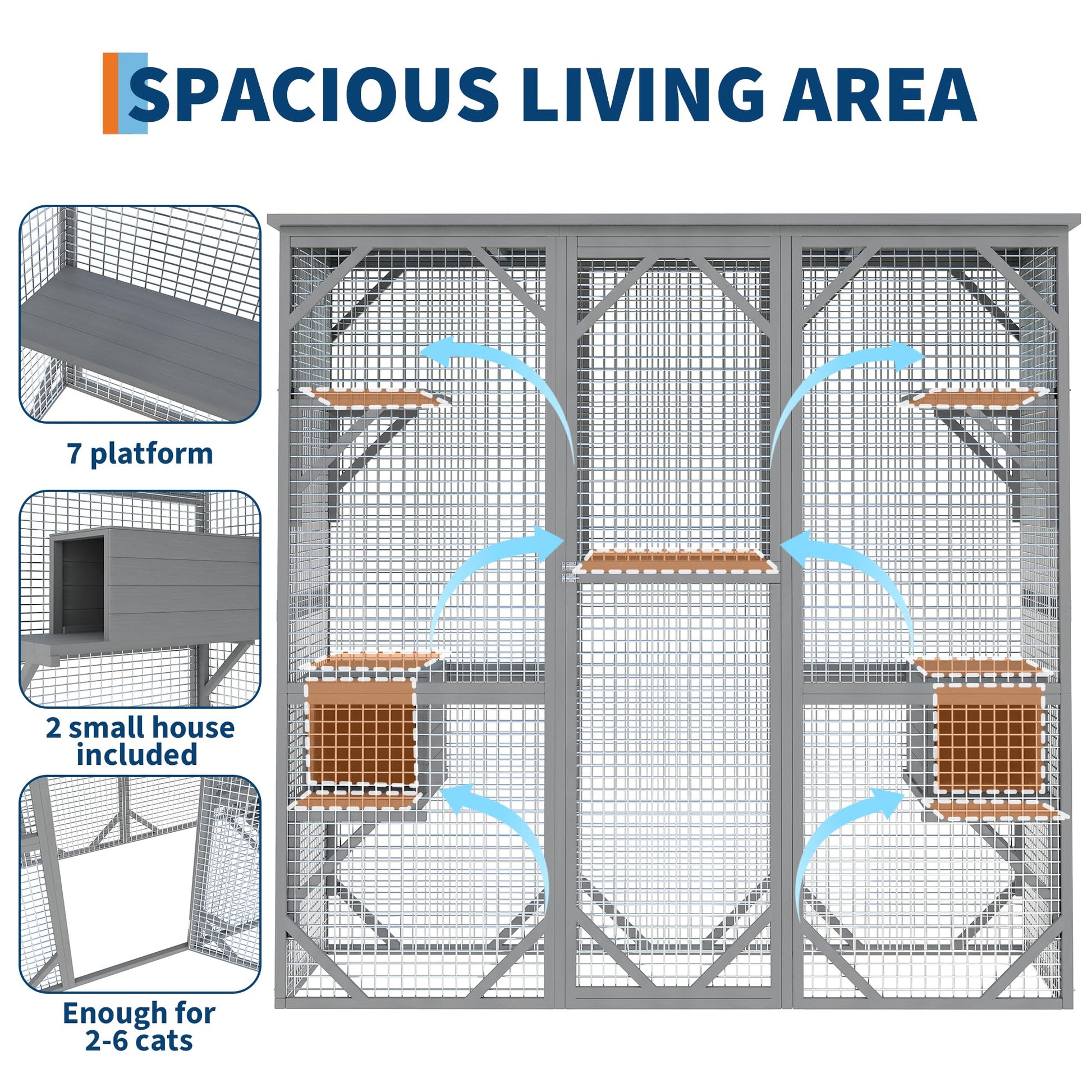 Grey multi-level catio with platforms and resting boxes