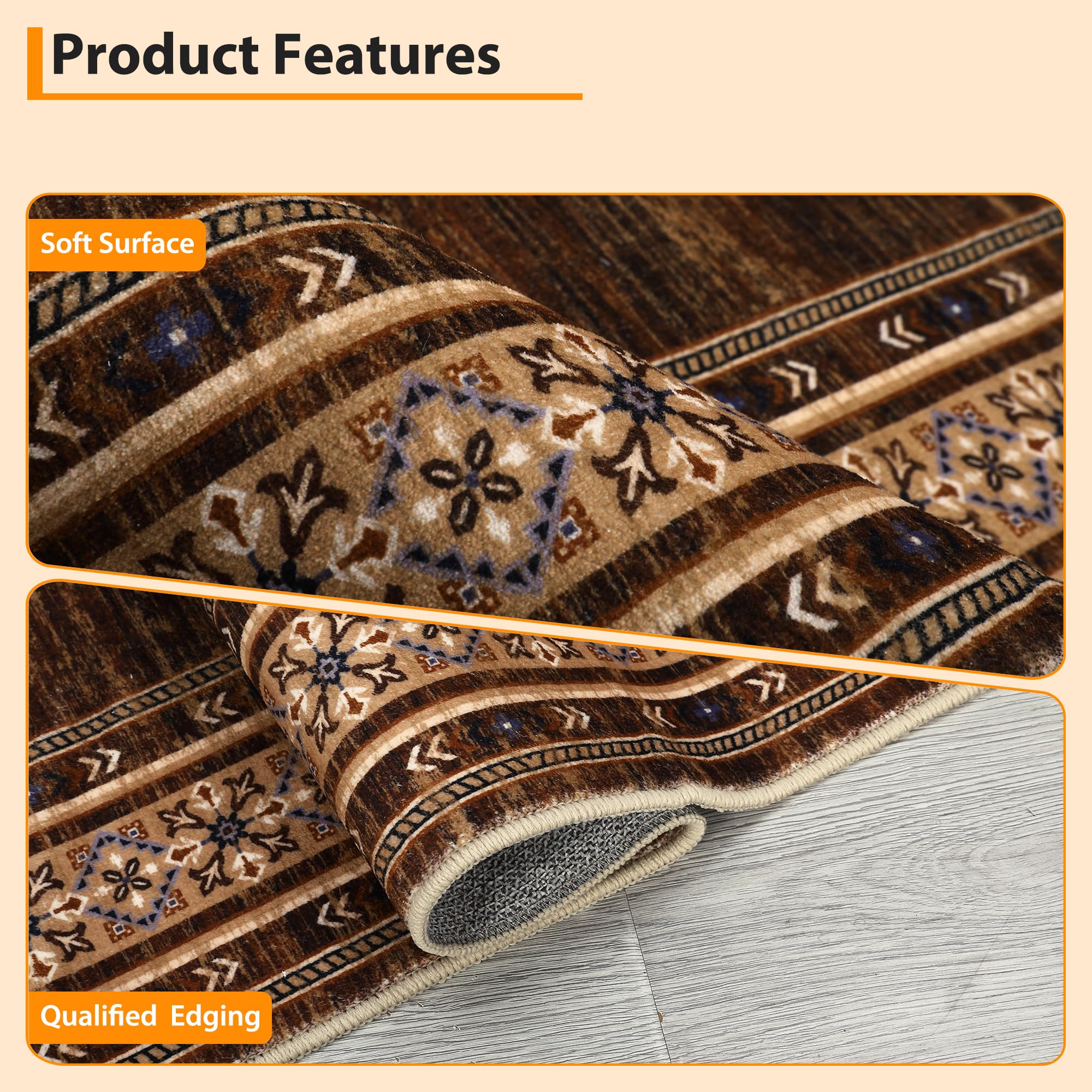 Garvee red brown washable bordered rug with soft surface and reinforced edge details