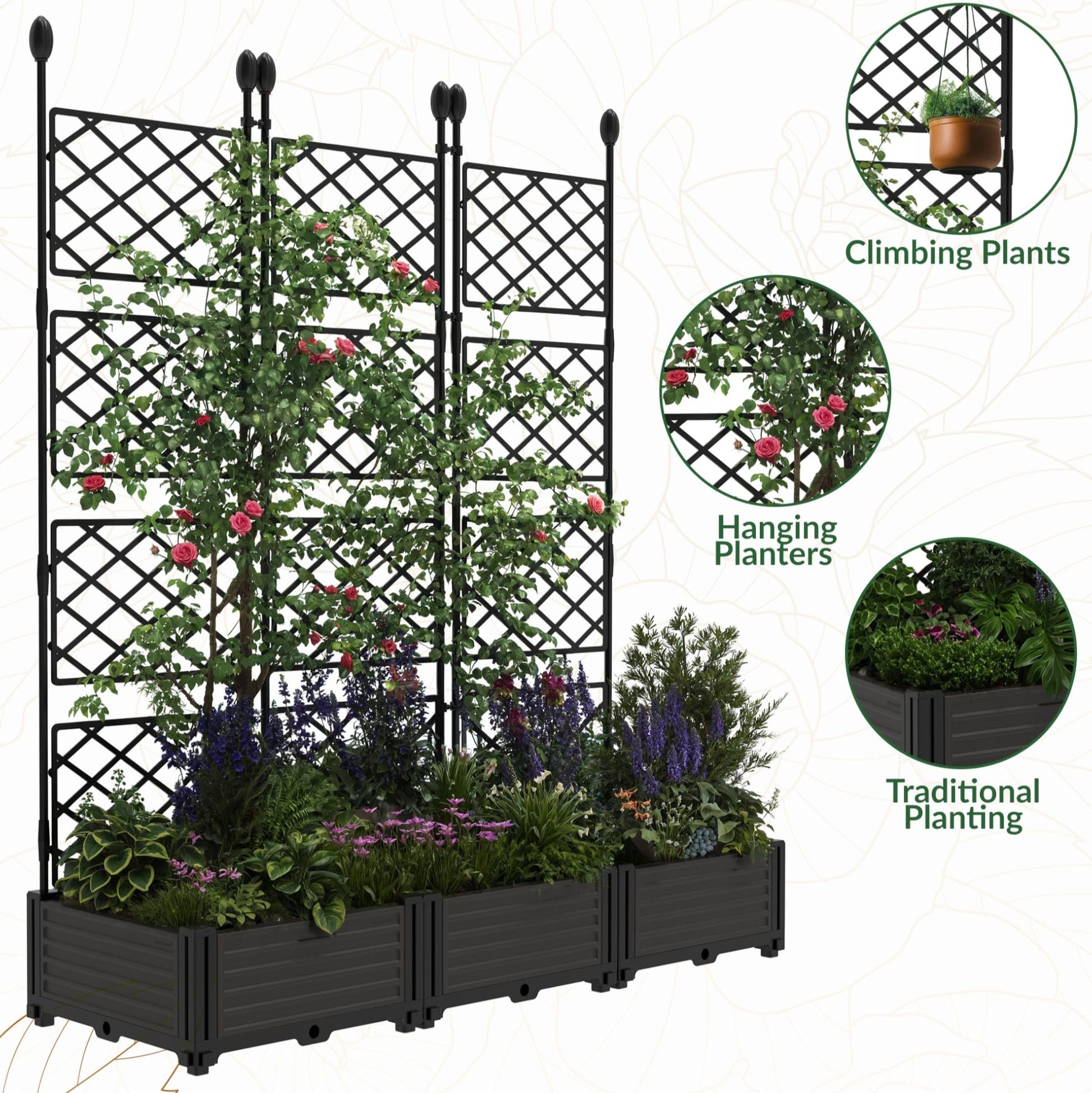 Trellis planter for climbing plants and hanging planters