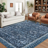 Garvee 9x12 Area Rug Washable Moroccan Trellis Living Room Rug Blue Soft Low Pile Non-Slip Thin Rug - Blue