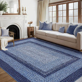 Garvee Rugs for Living Room 8x10 Boho Printed Washable Rug Navy - Modern Braided Area Rug Low Pile Non-Slip - Navy Blue