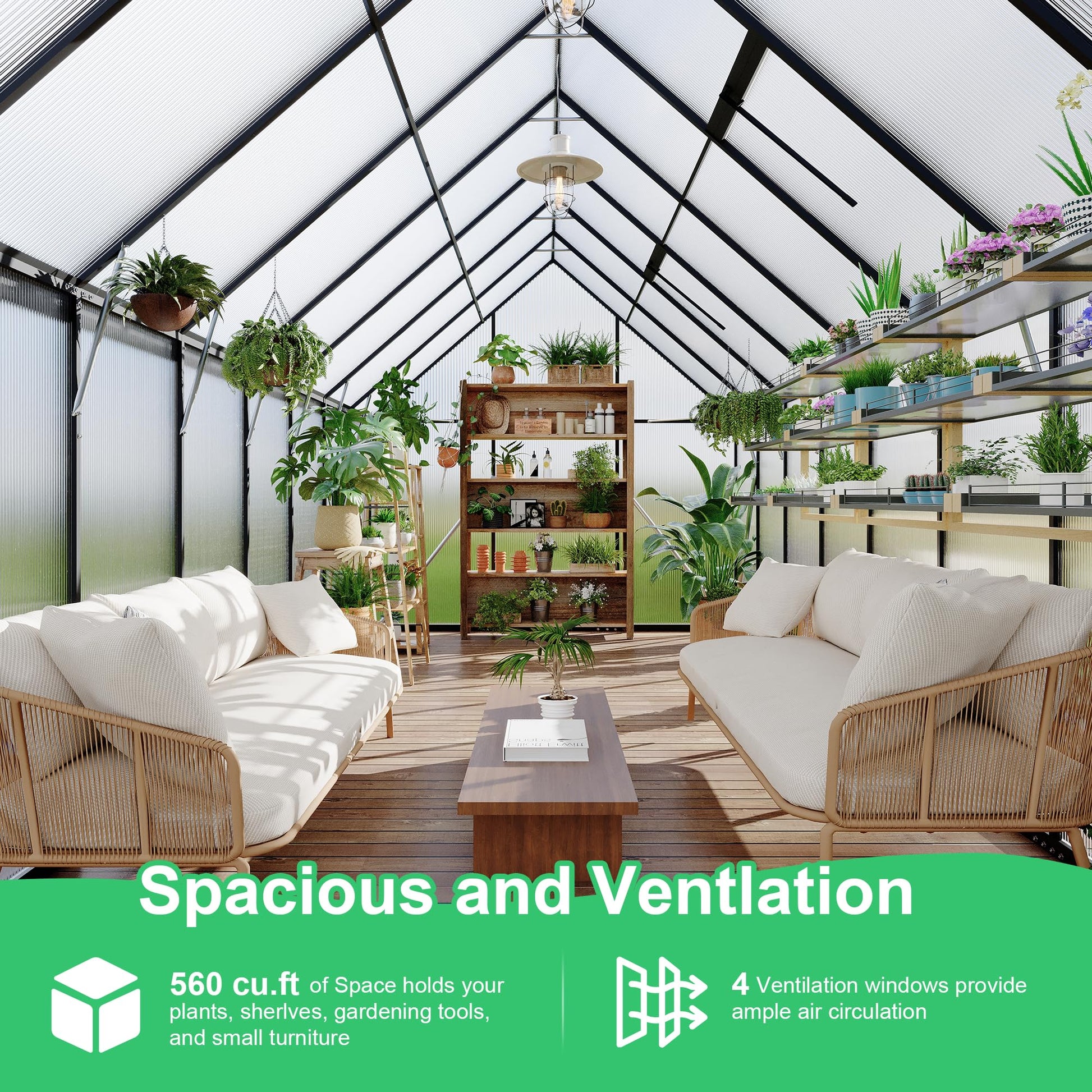 Spacious greenhouse interior for gardening shelves tools and lounging
