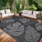 Garvee Outdoor Patio Rug 9x18 Waterproof Reversible Mat Leaves Camping Rugs Indoor Outdoor Carpet Large Area Rug Plastic Straw Rug Black and Grey - Leaf|Black&Grey