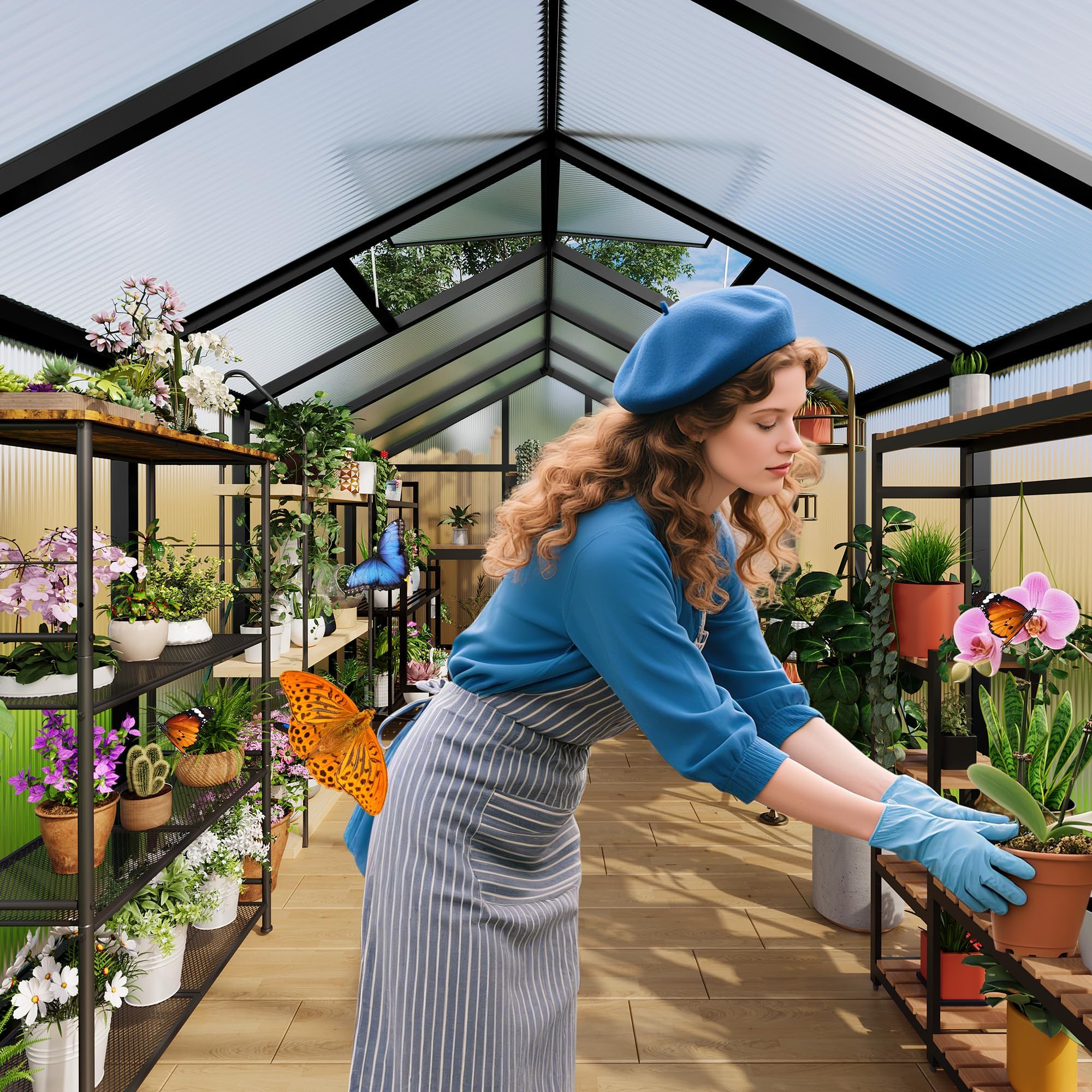 Garvee 6x10 black polycarbonate greenhouse with plants inside