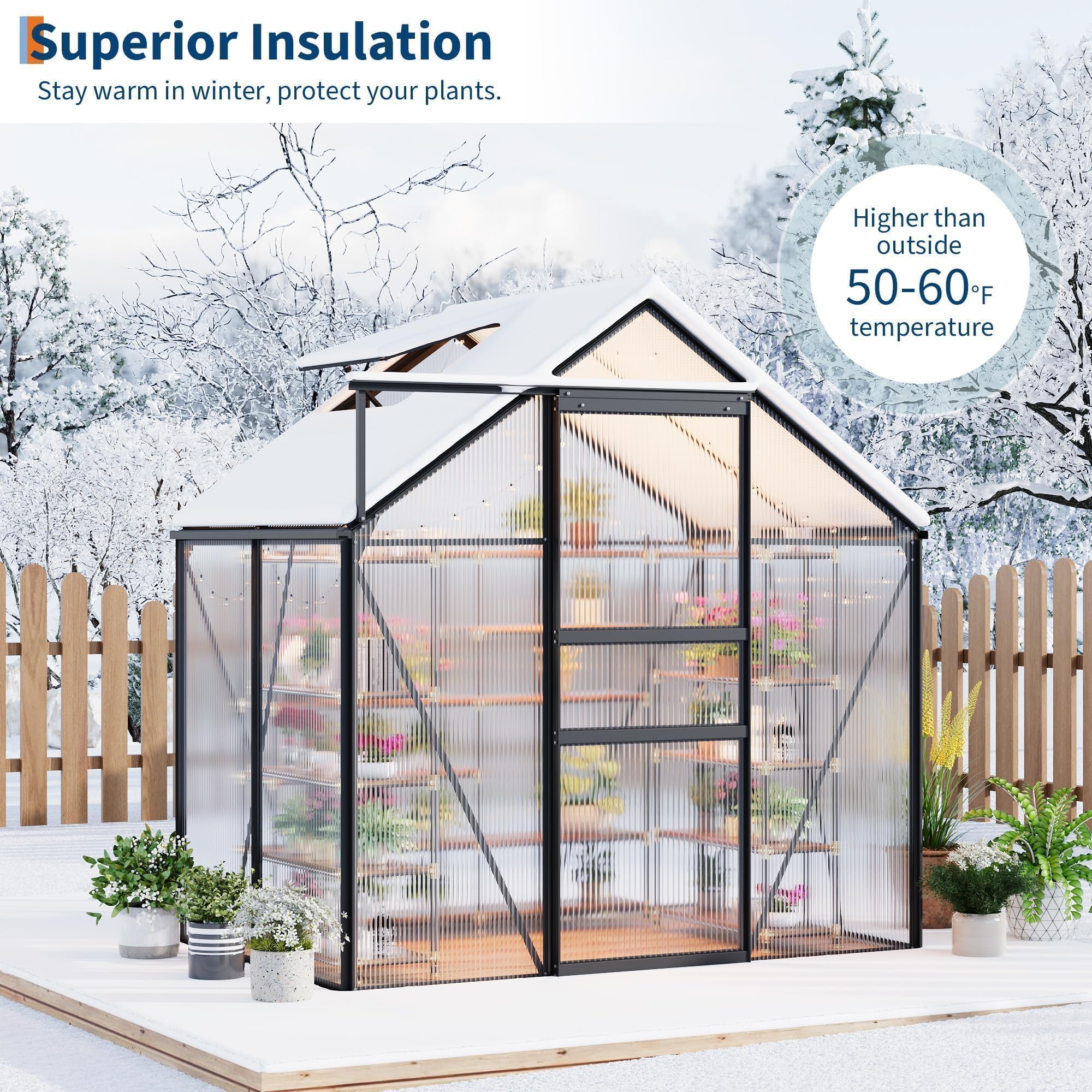 Black polycarbonate greenhouse sheltering plants in snowy outdoor weather