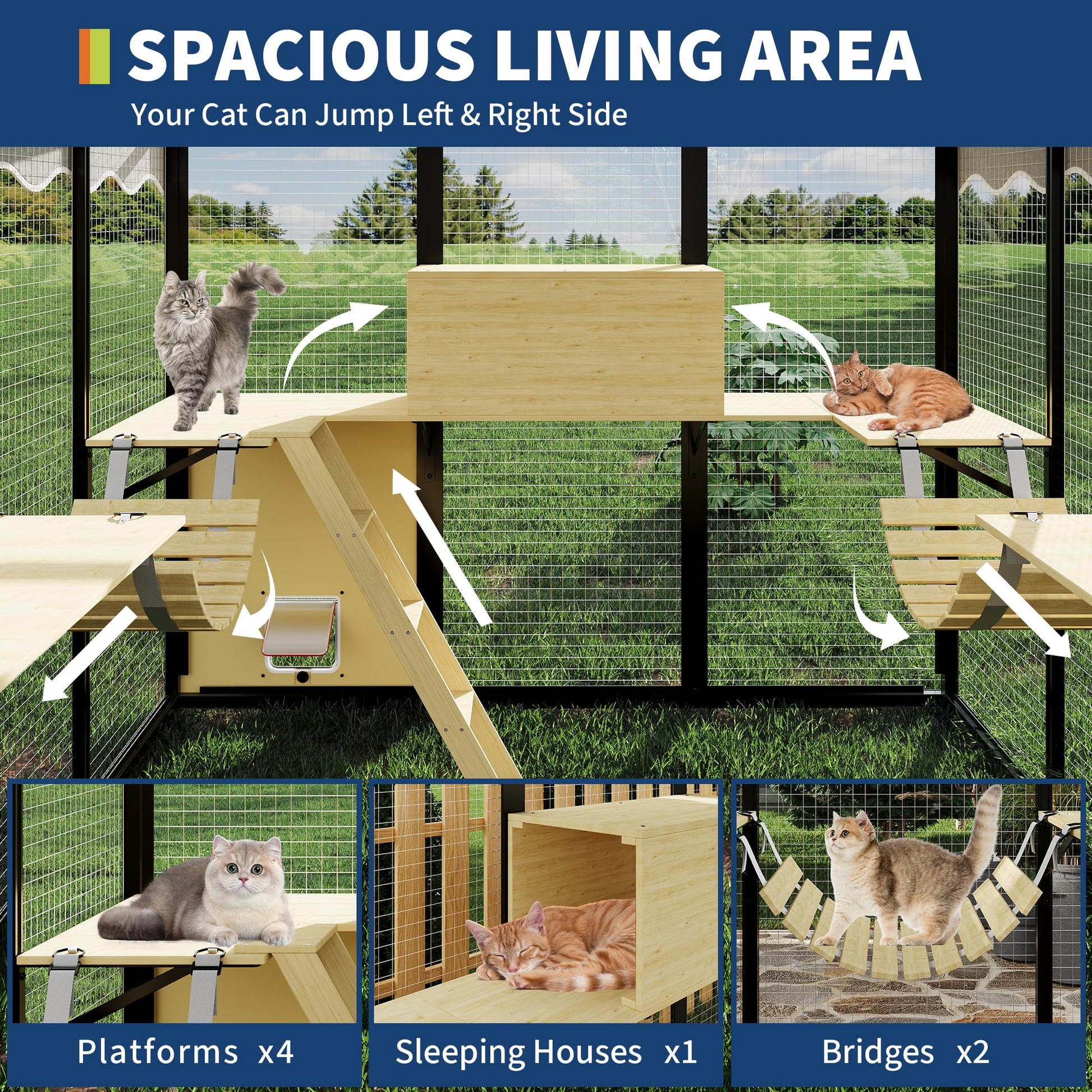 Black and yellow catio interior with platforms, sleeping house, and bridges