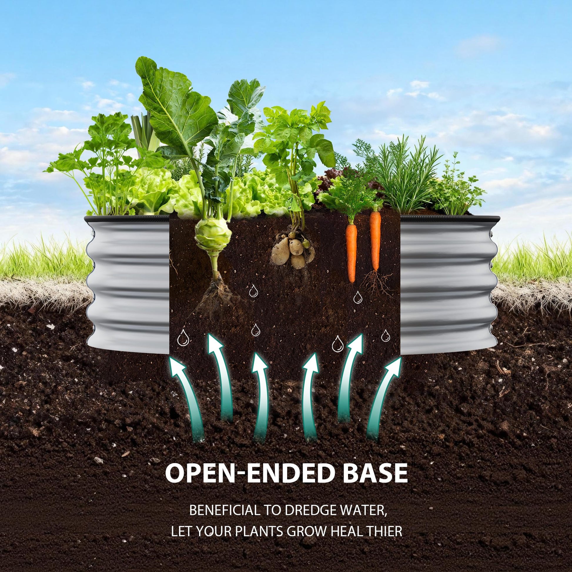 Open bottom raised garden bed base for drainage and deeper root growth