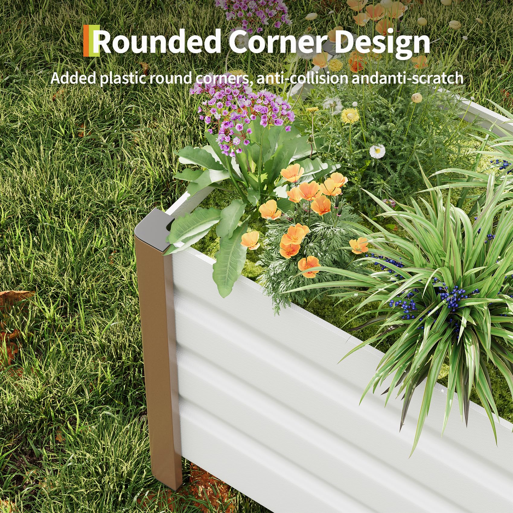 White aluminum planter box with rounded corner detail in a garden setting